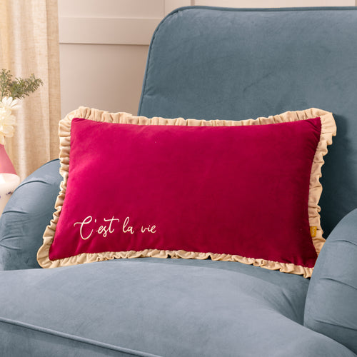 Plain Red Cushions - Cest La Vie Embroidered Cushion Cover Berry furn.