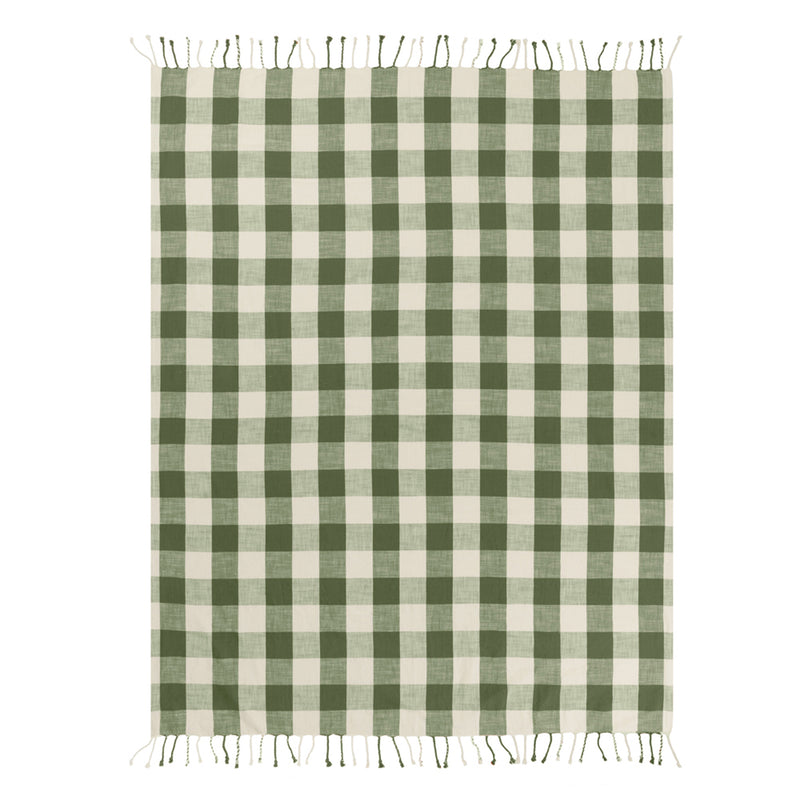 Check Cream Throws - Chesil Check Tasselled 100% Cotton  Throw Moss Yard