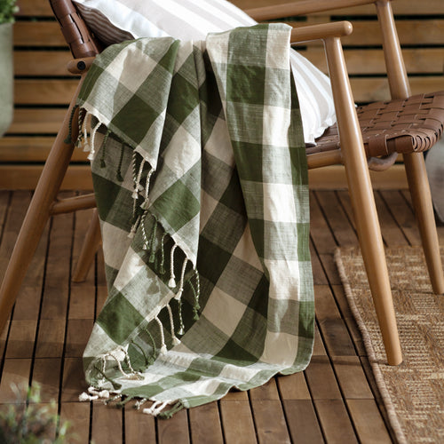 Check Cream Throws - Chesil Check Tasselled 100% Cotton  Throw Moss Yard