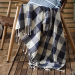 Check Cream Throws - Chesil Check Tasselled 100% Cotton  Throw Navy Yard