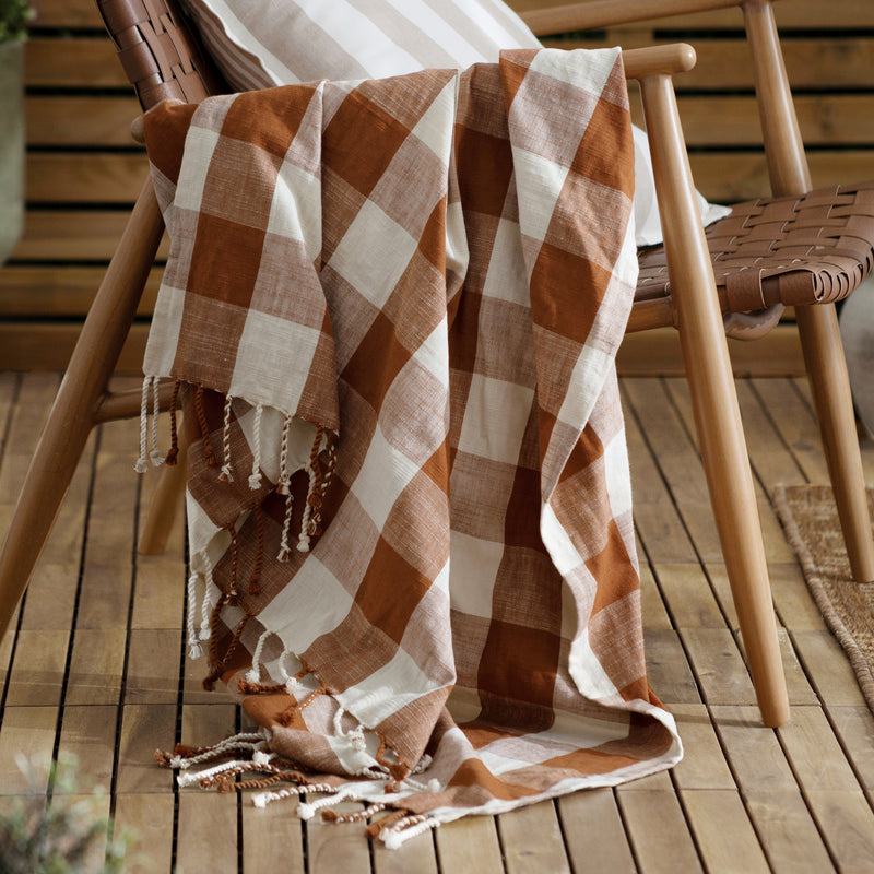 Check Cream Throws - Chesil Check Tasselled 100% Cotton  Throw Pecan Yard