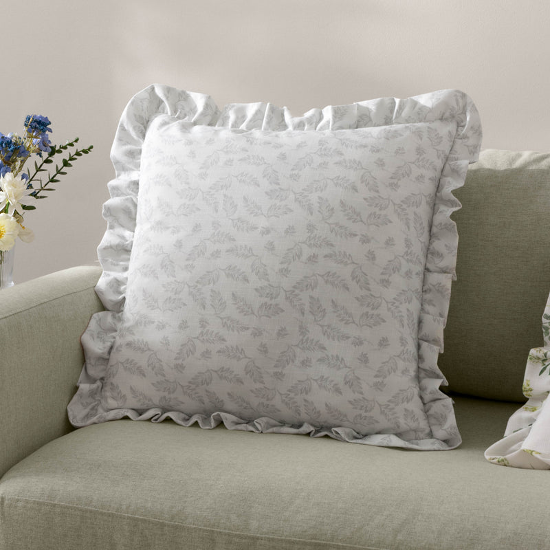 Floral Grey Cushions - Chloe Printed Ruffle Cushion Cover Soft White Wylder