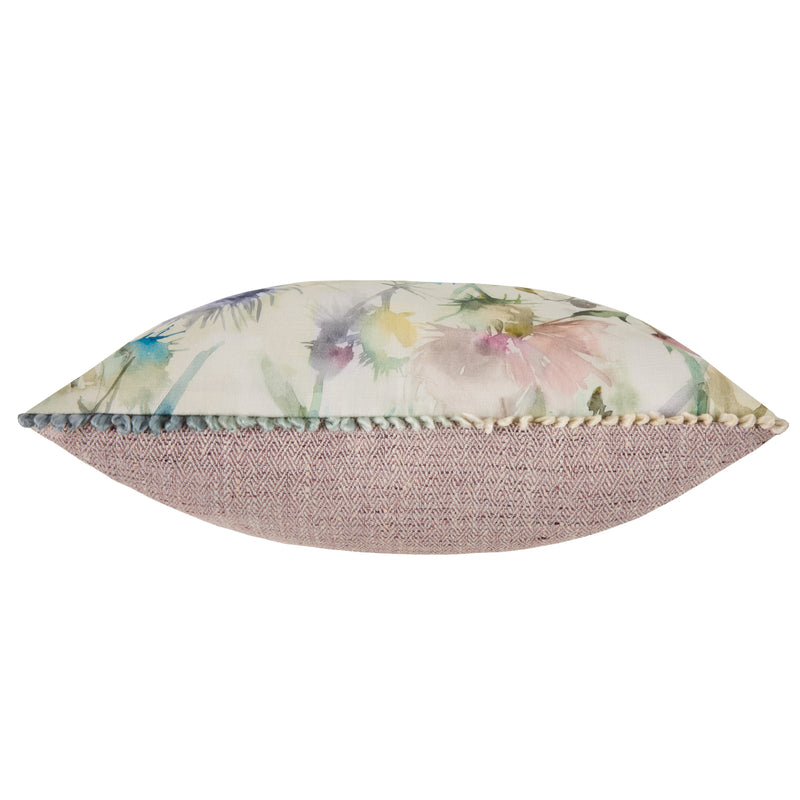 Floral Green Cushions - Cirsium Printed Feather Filled Cushions Damson/Cream Voyage Maison