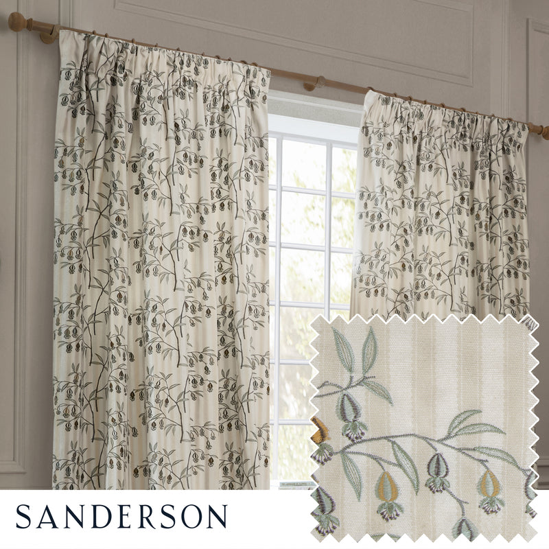 Floral Beige Curtains - Chinese Lanterns Embroidered Room Darkening Pencil Pleat Curtains Linen Sanderson