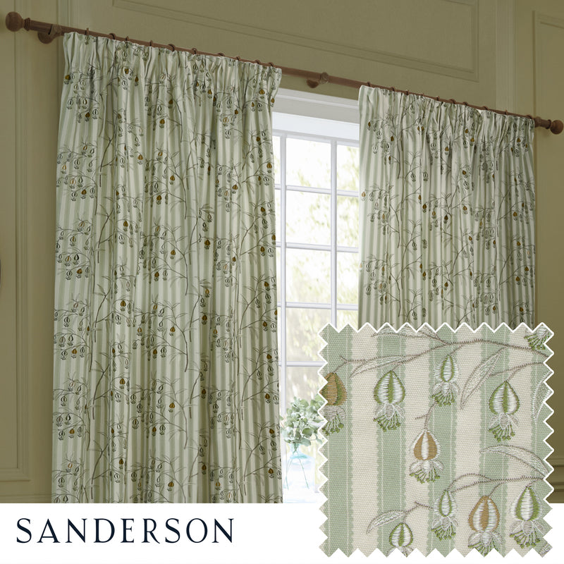 Floral Green Curtains - Chinese Lanterns Embroidered Pencil Pleat Curtains Sage Sanderson