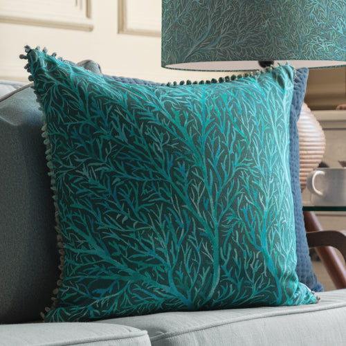 Floral Blue Cushions - Coressa Printed Feather Filled Cushion Teal Voyage Maison