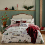 Check Cream Bedding  - Cotswolds Christmas Printed Reversible Duvet Cover Set Cream/Burgundy furn.