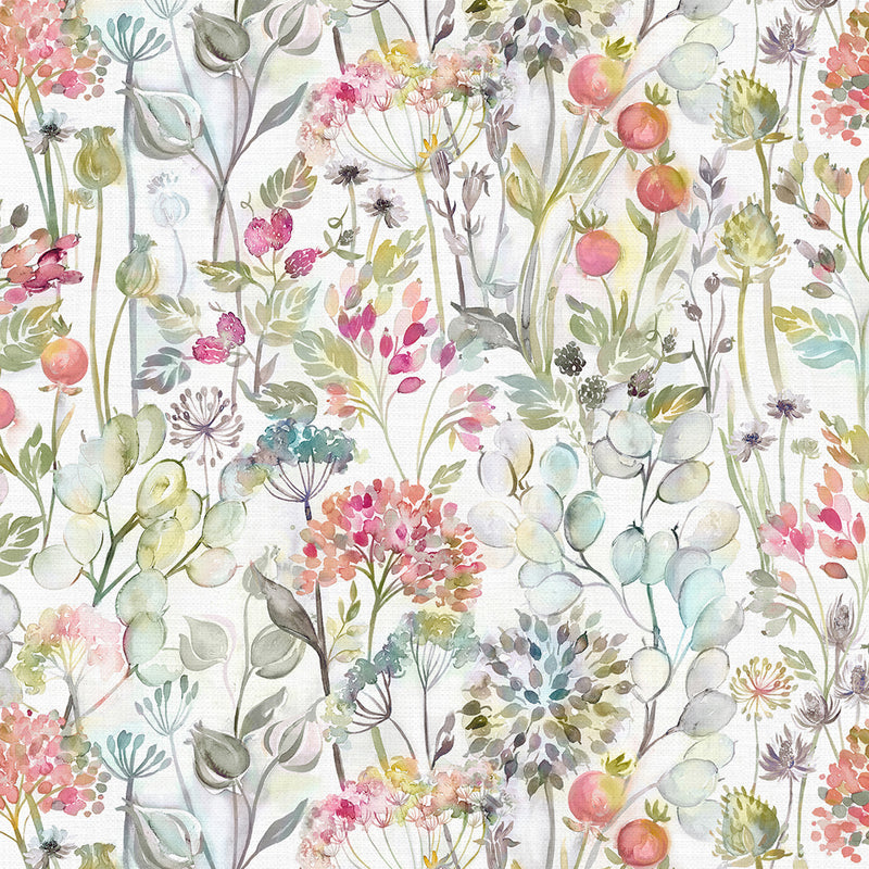 Floral Pink Fabric - Country Hedgerow Printed Cotton Fabric Coral Cream Voyage Maison