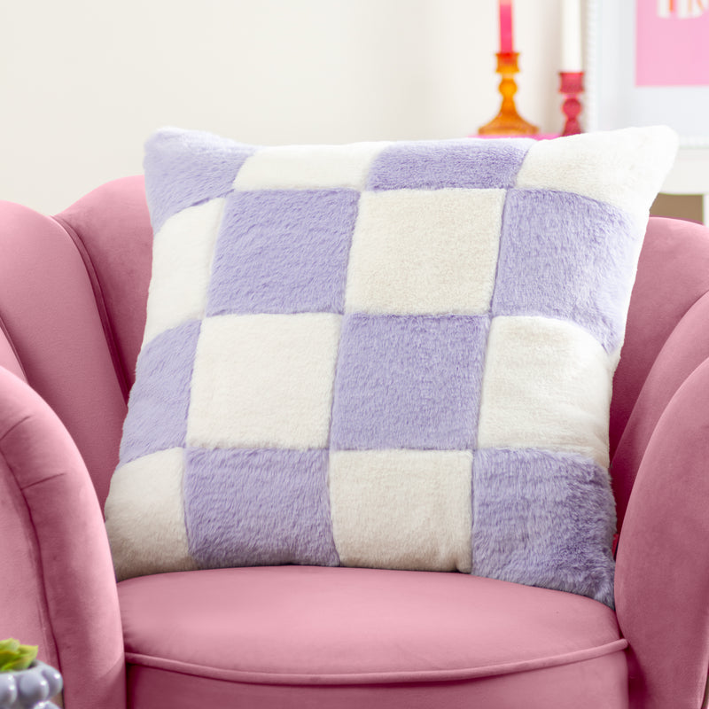 Check Purple Cushions - Cozee Check Faux Fur Cushion Cover Lilac Heya Home