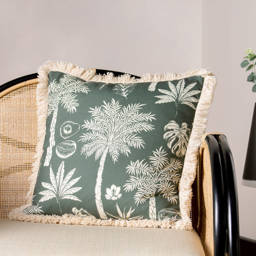 Paoletti Colonial Palm Fringed Cushion Cover in Forest