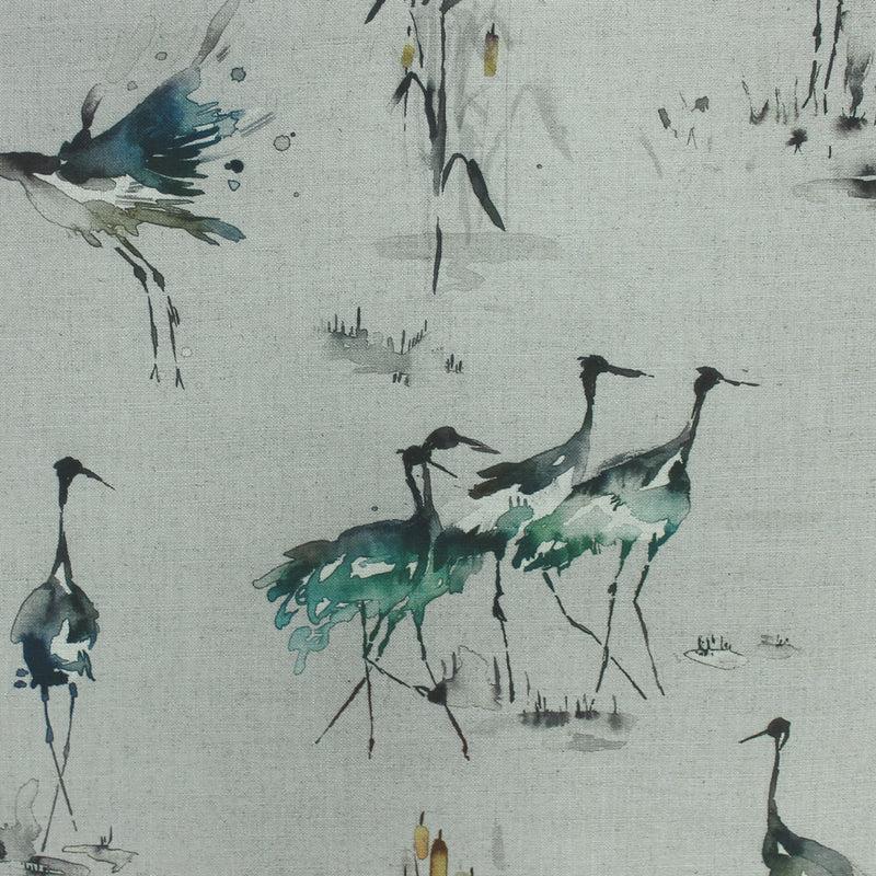 Cranes Linen Printed Fabric Sample Swatch Cobalt