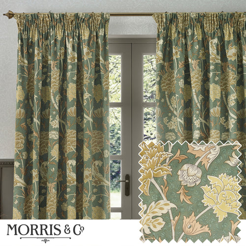 Floral Green Curtains - Cray Floral Chenille Pencil Pleat Curtains Sage/Sunflower Morris & Co