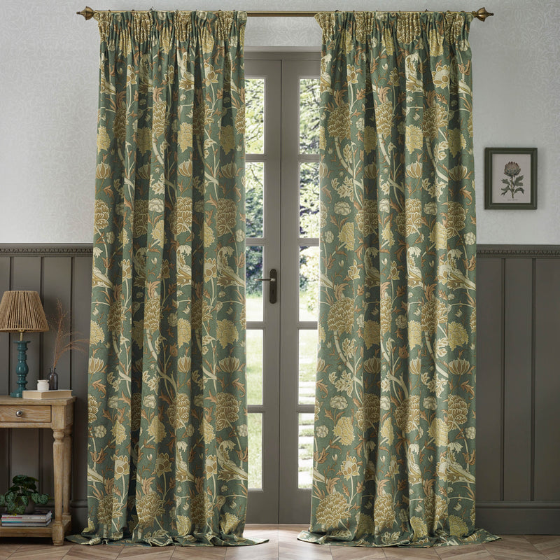 Floral Green Curtains - Cray Floral Chenille Pencil Pleat Curtains Sage/Sunflower Morris & Co