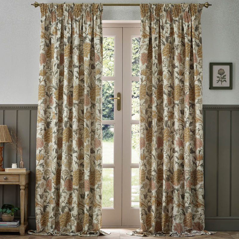 Floral Beige Curtains - Cray Floral Chenille Pencil Pleat Curtains Stone/Clay Morris & Co