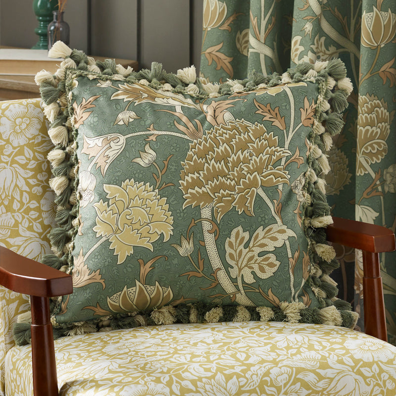 Floral Yellow Cushions - Cray Tasselled Velvet Cushion Cover Sage/Sunflower Morris & Co