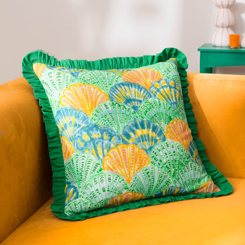 Abstract Green Cushions - Clam Shells Frilled Cushion Cover Green furn.