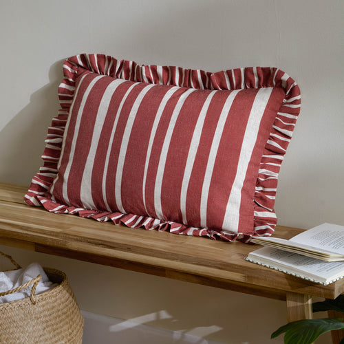 Striped Cream Cushions - Carmon Stripe Ruffle Cushion Cover Linen/Red furn.