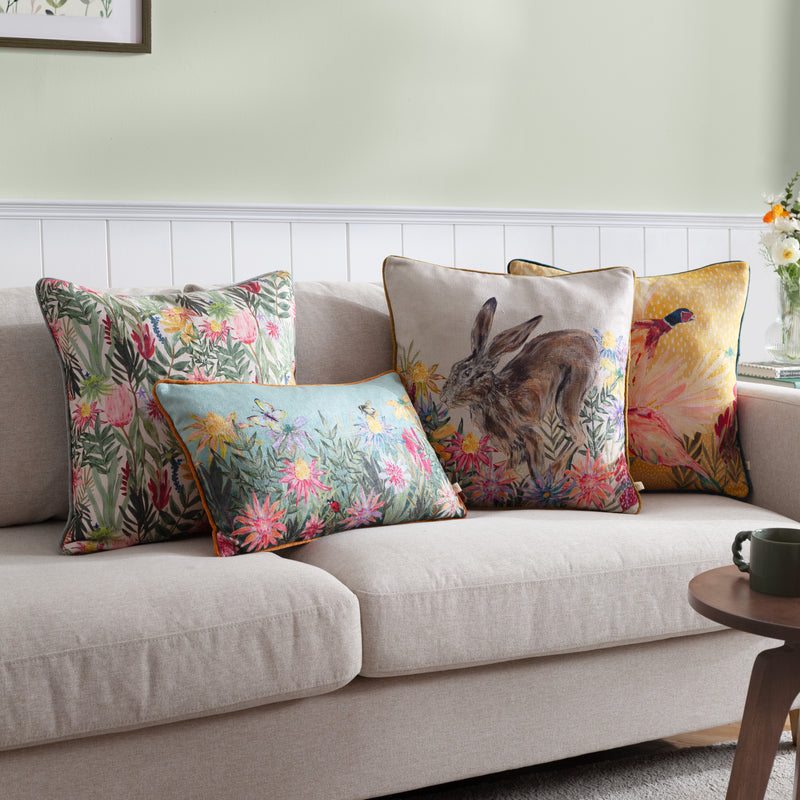 Animal Brown Cushions - Country Wilds Blossom Hare Printed Cushion Cover Multicolour Wylder Nature