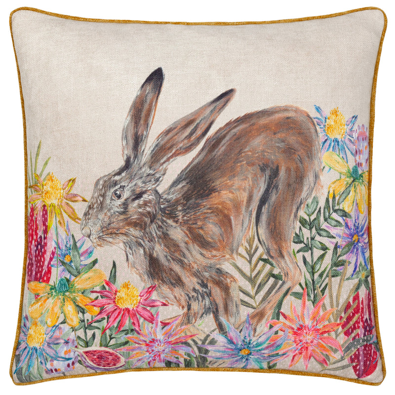 Animal Brown Cushions - Country Wilds Blossom Hare Printed Cushion Cover Multicolour Wylder Nature