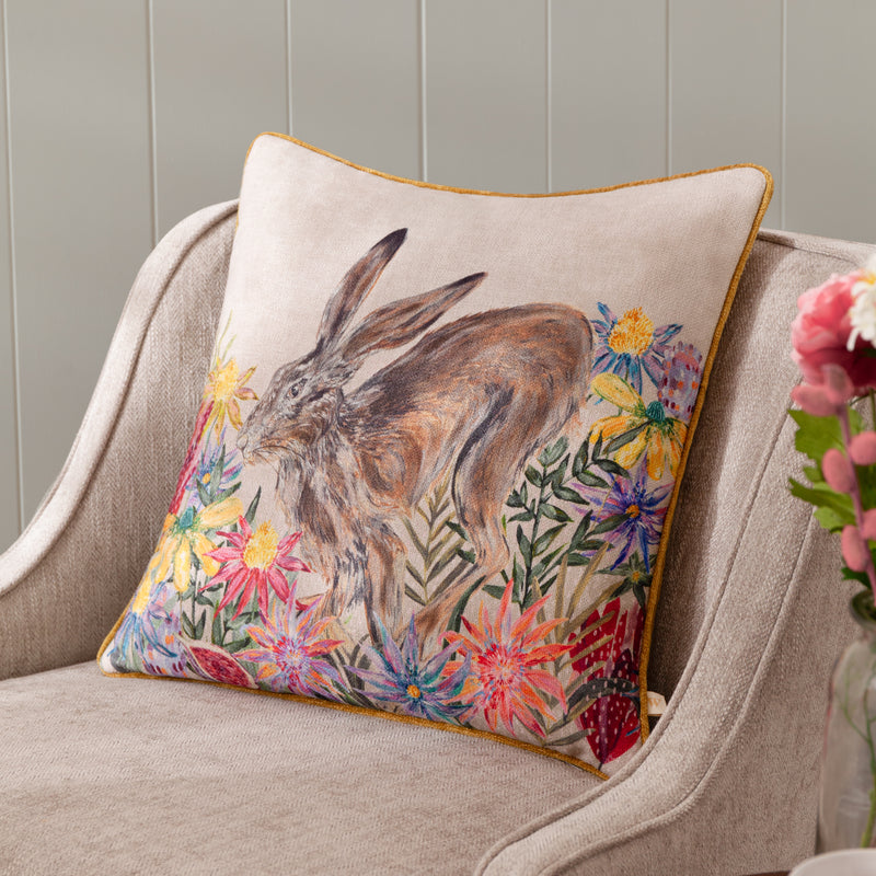 Animal Brown Cushions - Country Wilds Blossom Hare Printed Cushion Cover Multicolour Wylder Nature