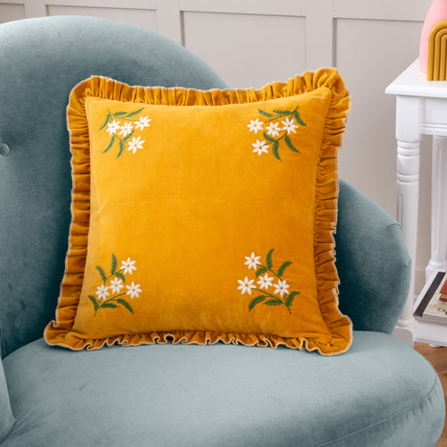 Floral Gold Cushions - Daisy Frill Embroidered Velvet Cushion Cover Gold furn.