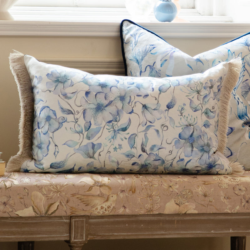 Damask Blue Cushions - Daphne Printed Ruche Fringe Feather Filled Cushion Blue Voyage Maison