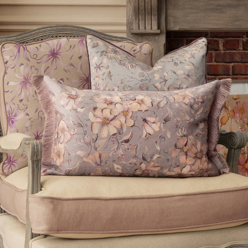 Damask Purple Cushions - Daphne Printed Ruche Fringe Feather Filled Cushion Viola Voyage Maison