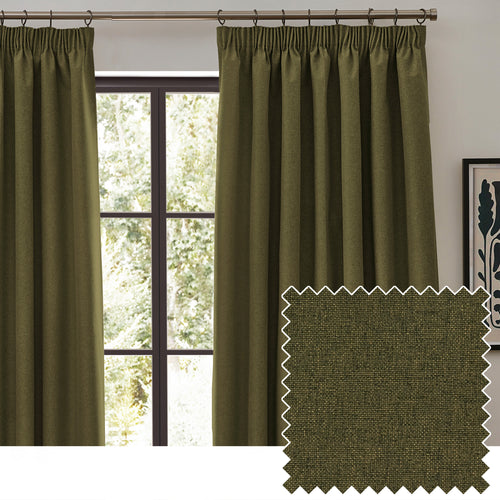 Plain Green Curtains - Dawn Blackout Pencil Pleat Curtains Olive furn.