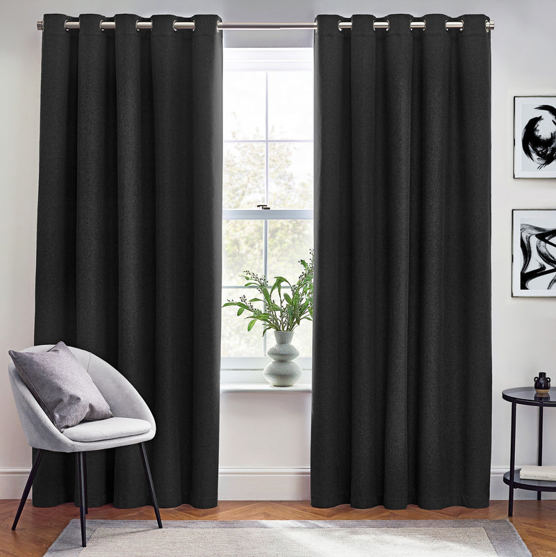 Plain Black Curtains - Dawn Textured Blackout Eyelet Curtains Black furn.