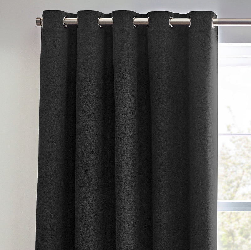 Plain Black Curtains - Dawn Textured Blackout Eyelet Curtains Black furn.