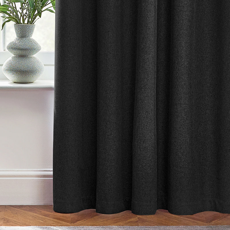 Plain Black Curtains - Dawn Textured Blackout Eyelet Curtains Black furn.