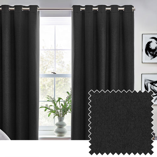 Plain Black Curtains - Dawn 100% Blackout Thermal Eyelet Curtains Black furn.