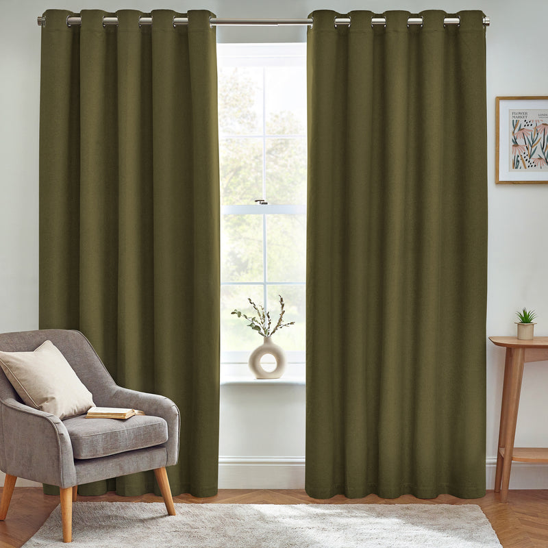 Plain Green Curtains - Dawn Textured Blackout Eyelet Curtains Olive furn.