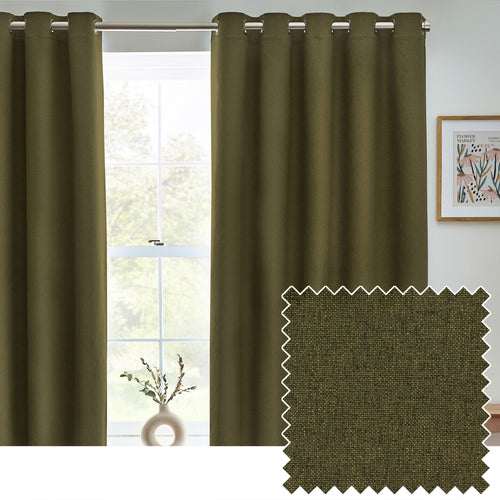 Plain Green Curtains - Dawn Textured Blackout Eyelet Curtains Olive furn.