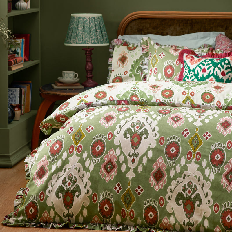 Geometric Green Bedding - Dawson Ikat Reversible Duvet Cover Set Cedar Green Paoletti - Seventy Three