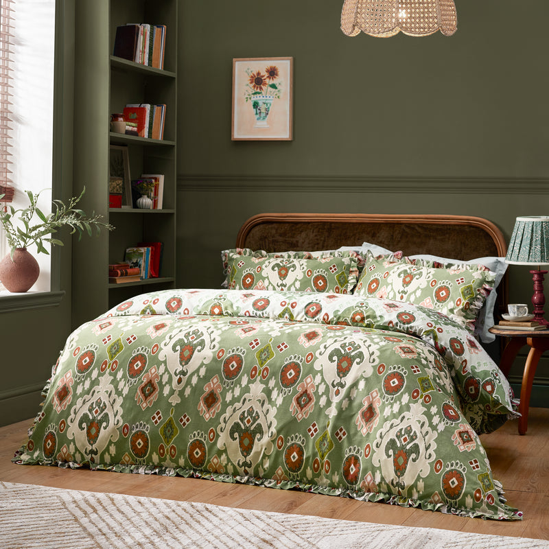 Geometric Green Bedding - Dawson Ikat Reversible Duvet Cover Set Cedar Green Paoletti - Seventy Three