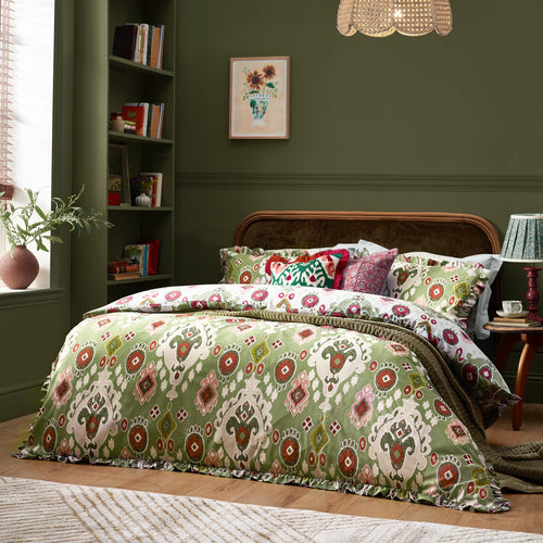 Geometric Green Bedding - Dawson Ikat Reversible Duvet Cover Set Cedar Green Paoletti - Seventy Three