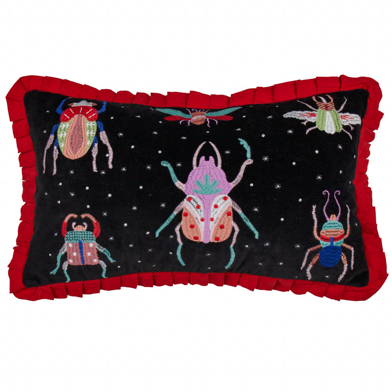 Animal Black Cushions - Darkling Beetles Embroidered Velvet Cushion Cover Crimson/Black Wylder