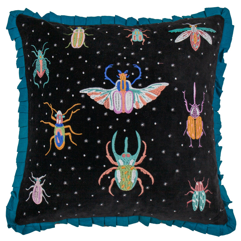 Animal Black Cushions - Darkling Beetles Embroidered Velvet Cushion Cover Teal/Black Wylder