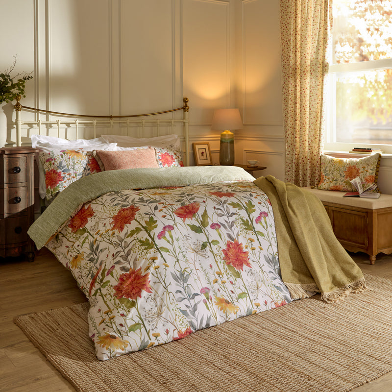 Floral Orange Bedding - Delamere 100% Cotton Reversible Duvet Cover Set Multicolour Voyage Maison