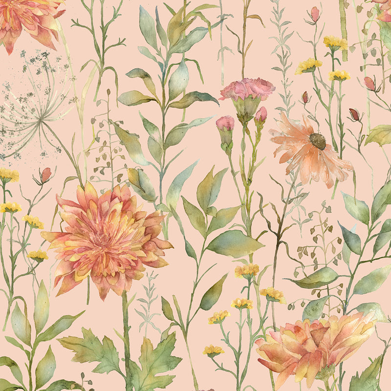 Floral Orange Wallpaper - Delamere  1.4m Wide Width Wallpaper (By The Metre) Apricot Voyage Maison