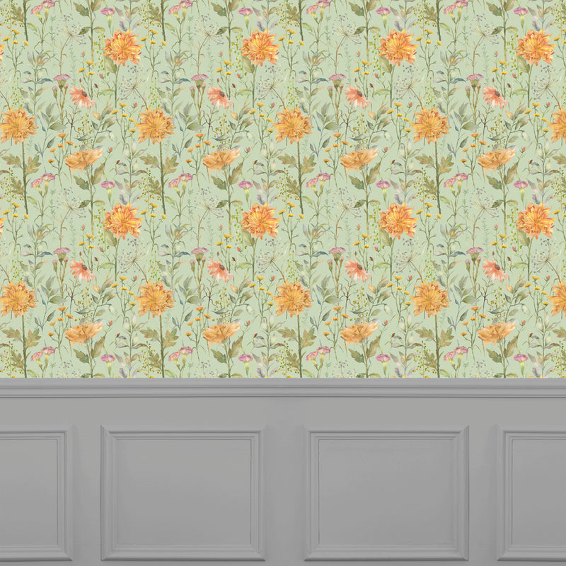 Floral Green Wallpaper - Delamere  1.4m Wide Width Wallpaper (By The Metre) Sage Voyage Maison