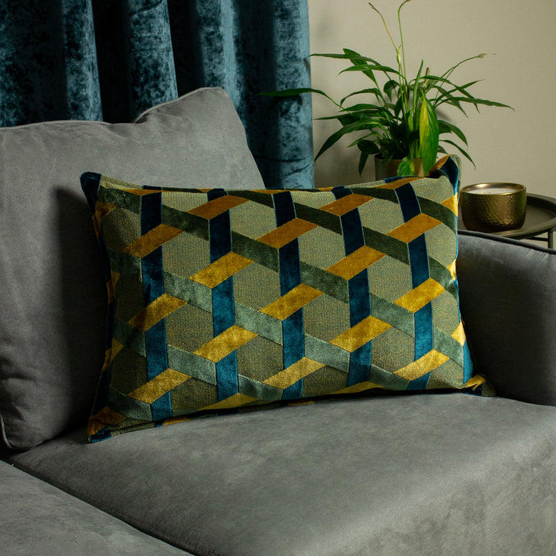 Paoletti Delano Velvet Jacquard Cushion Cover in Teal/Gold