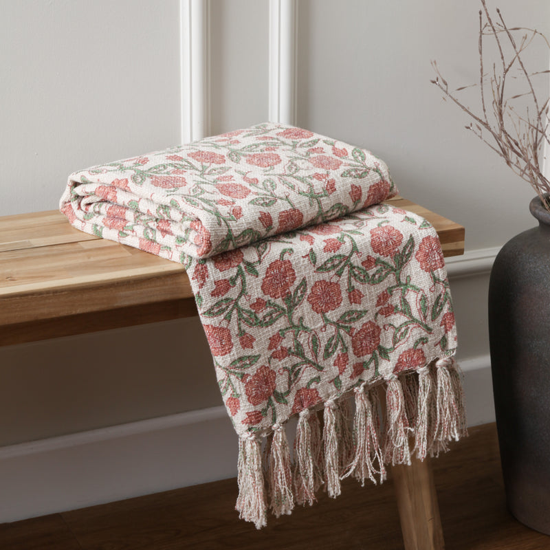 Floral Pink Throws - Delphine Printed Cotton Throw Coral Paoletti