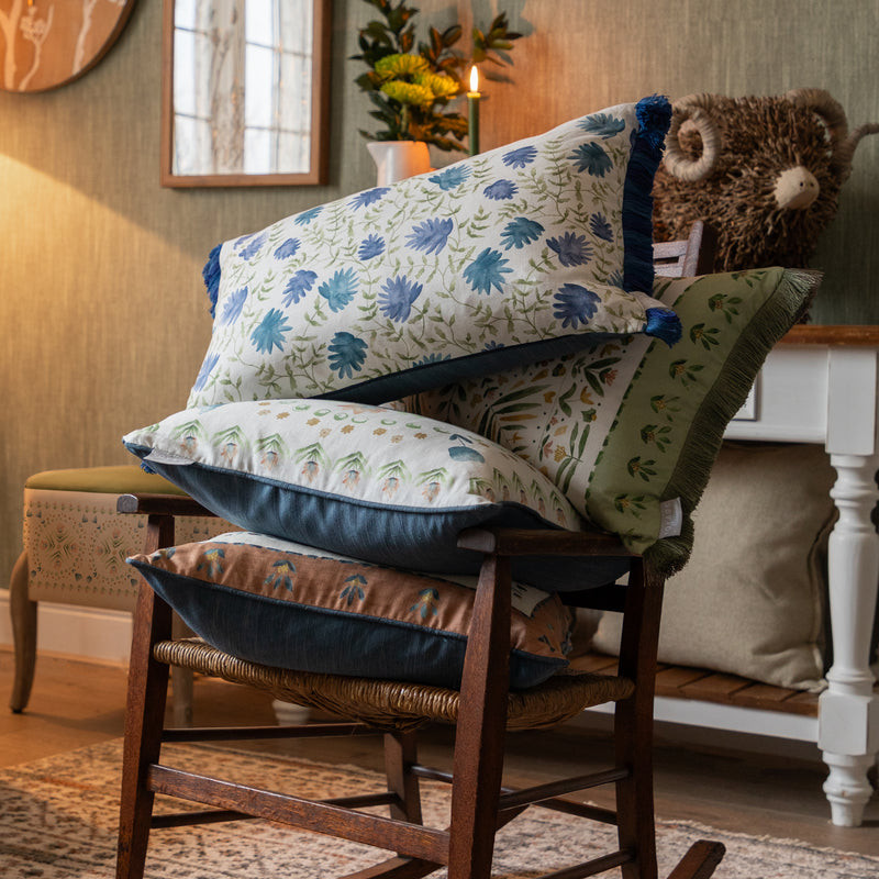 Floral Blue Cushions - Elai Printed Ruche Fringe Feather Filled Cushion Denim Voyage Maison