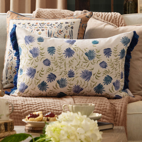 Floral Blue Cushions - Elai Printed Ruche Fringe Feather Filled Cushion Denim Voyage Maison