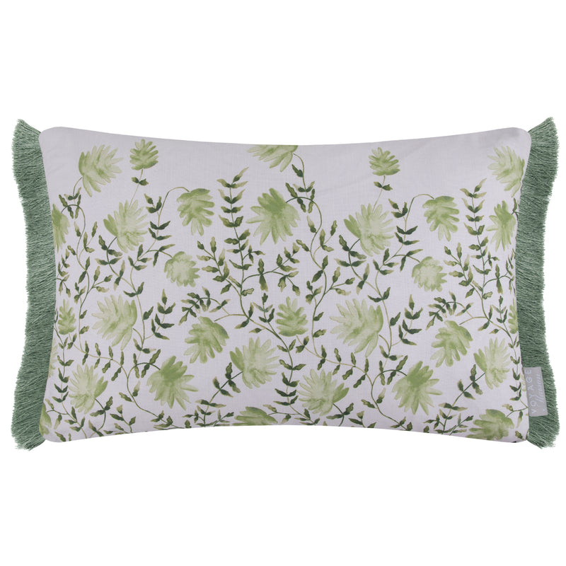 Floral Green Cushions - Elai Printed Ruche Fringe Feather Filled Cushion Sage Voyage Maison