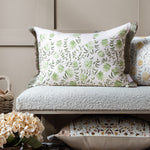 Floral Green Cushions - Elai Printed Ruche Fringe Feather Filled Cushion Sage Voyage Maison