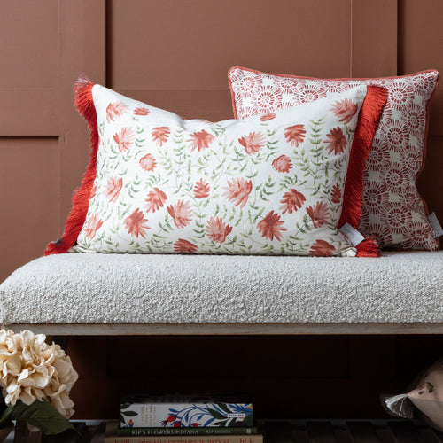 Floral Orange Cushions - Elai Printed Ruche Fringe Feather Filled Cushion Terracotta Voyage Maison