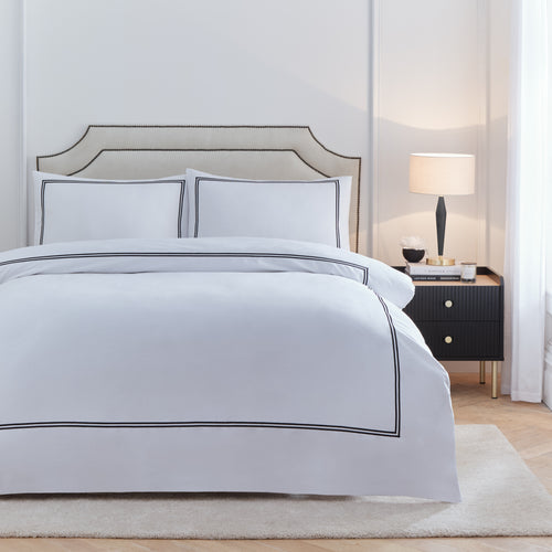 Plain Black Bedding - Elara Embroidered 100% Cotton Duvet Cover Set Black Paoletti